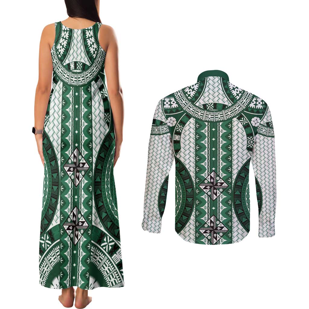 Bula Fiji Vintage Couples Matching Tank Maxi Dress and Long Sleeve Button Shirt Phthalo Green Masi Motifs LT7 - Polynesian Pride