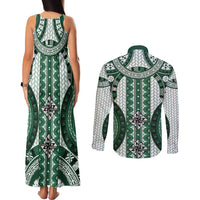 Bula Fiji Vintage Couples Matching Tank Maxi Dress and Long Sleeve Button Shirt Phthalo Green Masi Motifs LT7 - Polynesian Pride