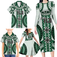 Bula Fiji Vintage Family Matching Long Sleeve Bodycon Dress and Hawaiian Shirt Phthalo Green Masi Motifs LT7 - Polynesian Pride