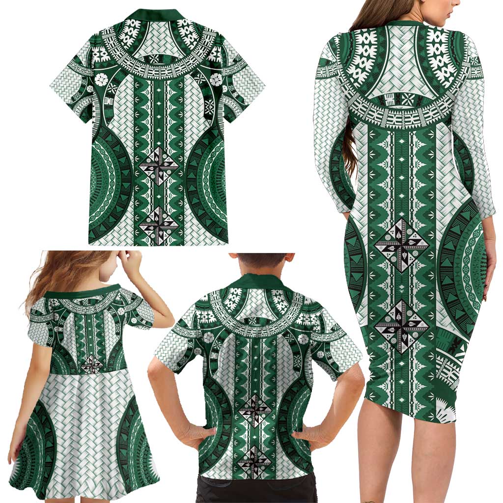 Bula Fiji Vintage Family Matching Long Sleeve Bodycon Dress and Hawaiian Shirt Phthalo Green Masi Motifs LT7 - Polynesian Pride