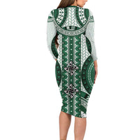 Bula Fiji Vintage Family Matching Long Sleeve Bodycon Dress and Hawaiian Shirt Phthalo Green Masi Motifs LT7 - Polynesian Pride