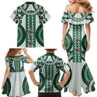 Bula Fiji Vintage Family Matching Mermaid Dress and Hawaiian Shirt Phthalo Green Masi Motifs LT7 - Polynesian Pride