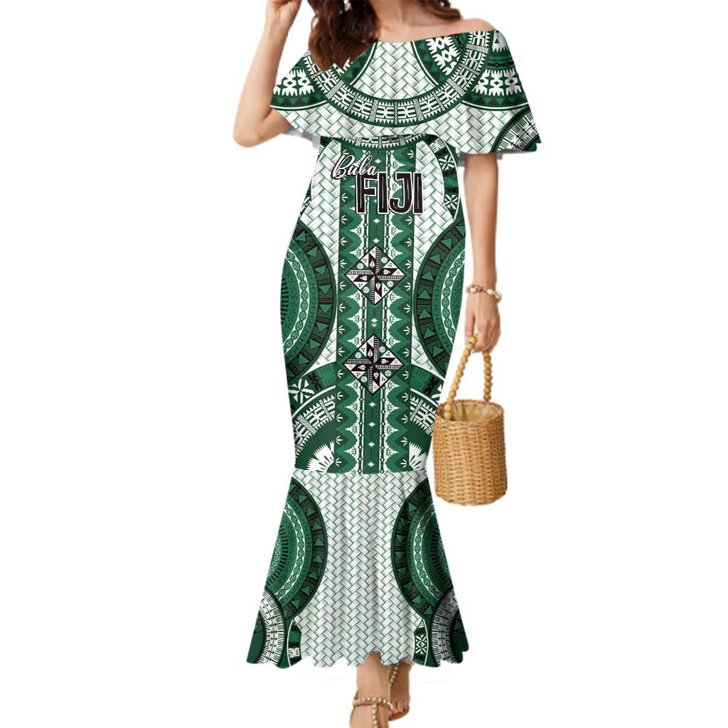 Bula Fiji Vintage Family Matching Mermaid Dress and Hawaiian Shirt Phthalo Green Masi Motifs LT7 Mom's Dress Phthalo Green - Polynesian Pride