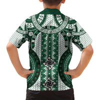 Bula Fiji Vintage Family Matching Off The Shoulder Long Sleeve Dress and Hawaiian Shirt Phthalo Green Masi Motifs LT7 - Polynesian Pride
