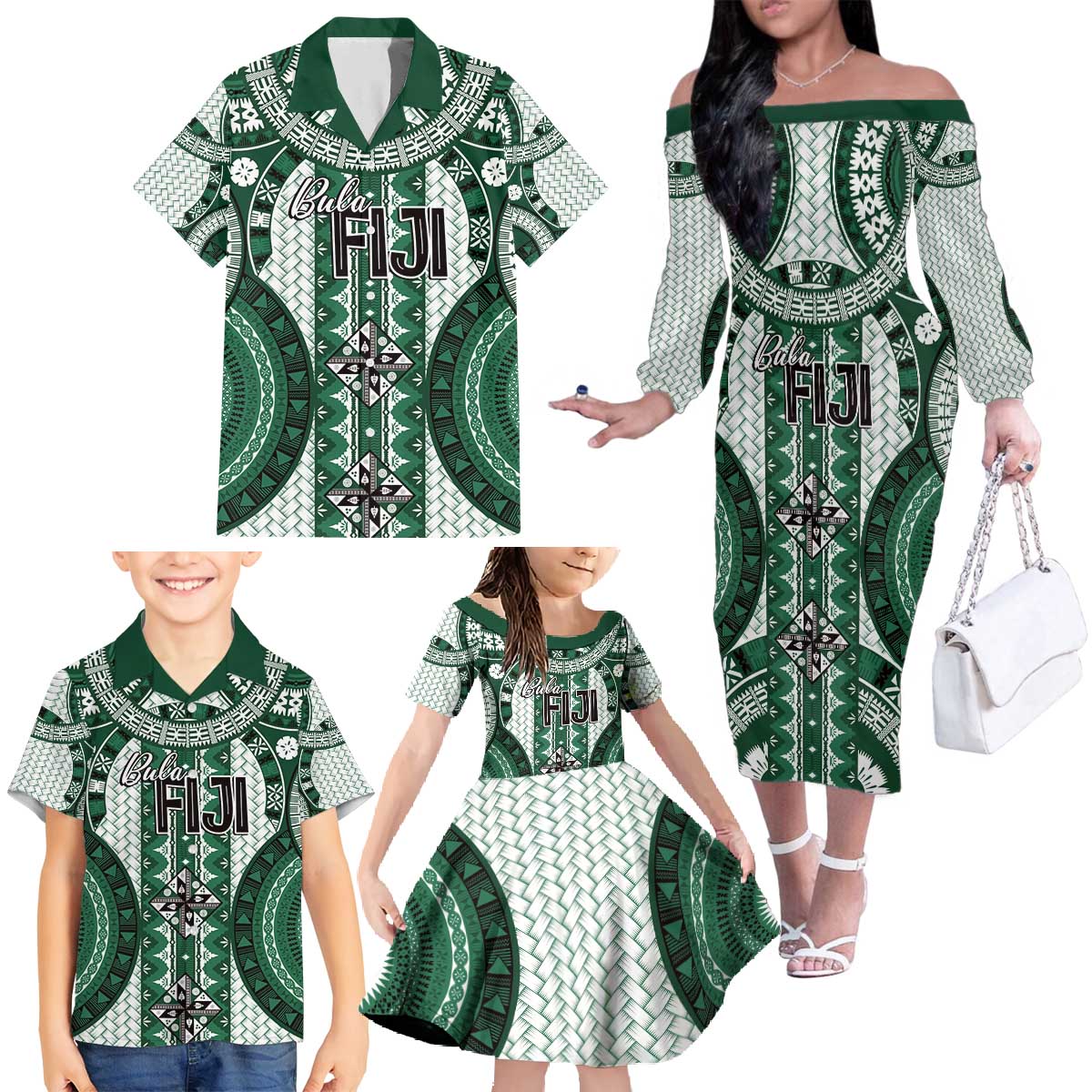 Bula Fiji Vintage Family Matching Off The Shoulder Long Sleeve Dress and Hawaiian Shirt Phthalo Green Masi Motifs LT7 - Polynesian Pride