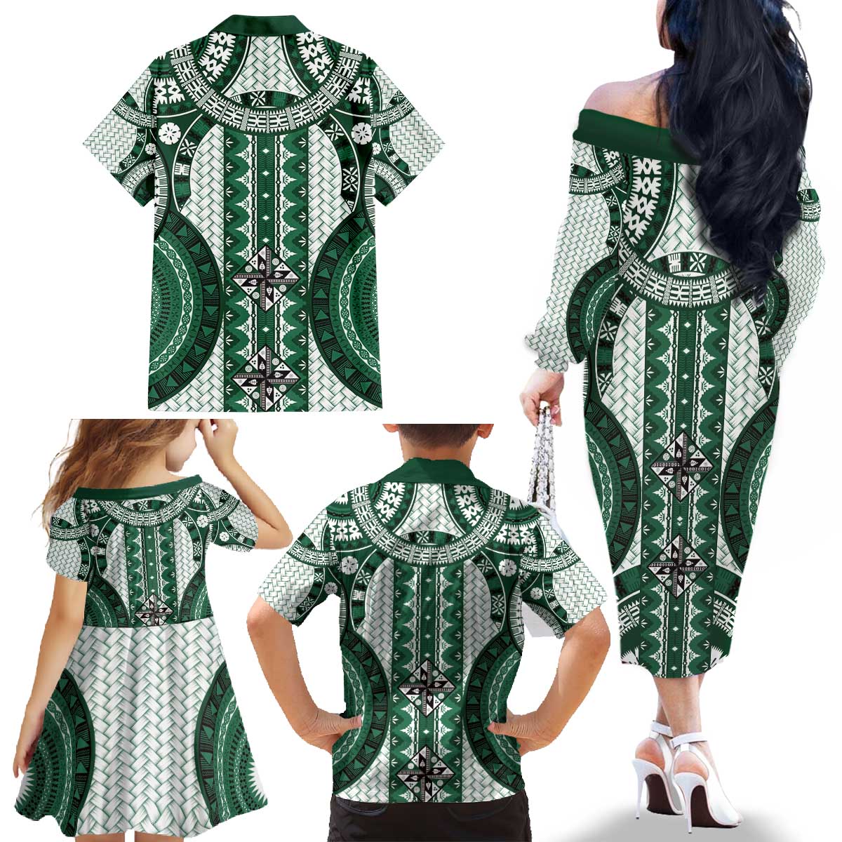 Bula Fiji Vintage Family Matching Off The Shoulder Long Sleeve Dress and Hawaiian Shirt Phthalo Green Masi Motifs LT7 - Polynesian Pride