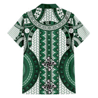 Bula Fiji Vintage Family Matching Off The Shoulder Long Sleeve Dress and Hawaiian Shirt Phthalo Green Masi Motifs LT7 - Polynesian Pride