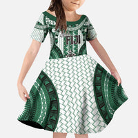 Bula Fiji Vintage Family Matching Off Shoulder Maxi Dress and Hawaiian Shirt Phthalo Green Masi Motifs LT7 Daughter's Dress Phthalo Green - Polynesian Pride