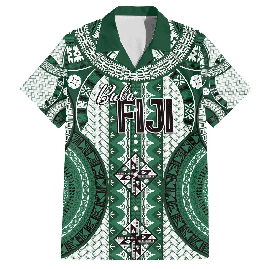 Bula Fiji Vintage Family Matching Off Shoulder Maxi Dress and Hawaiian Shirt Phthalo Green Masi Motifs LT7 Dad's Shirt - Short Sleeve Phthalo Green - Polynesian Pride