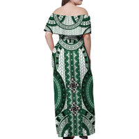 Bula Fiji Vintage Family Matching Off Shoulder Maxi Dress and Hawaiian Shirt Phthalo Green Masi Motifs LT7 - Polynesian Pride