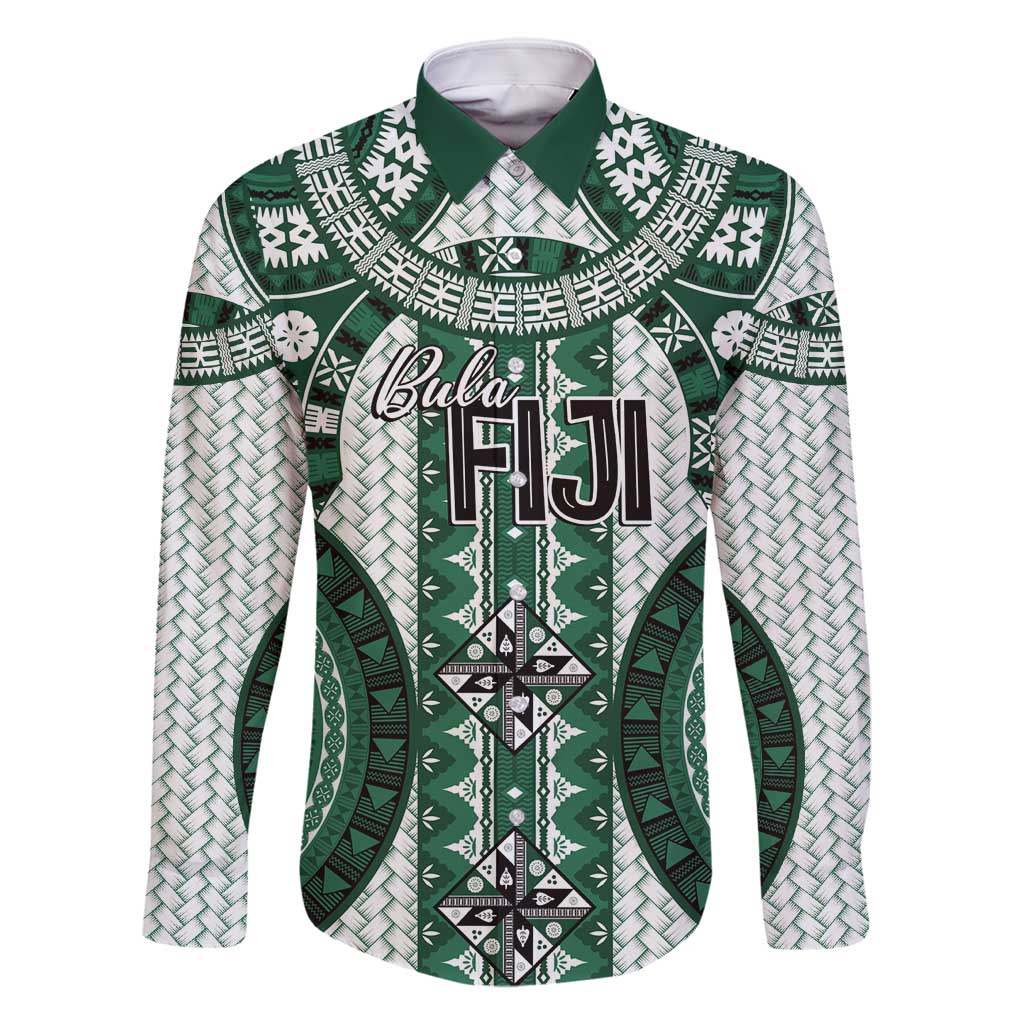 Bula Fiji Vintage Family Matching Off Shoulder Short Dress and Hawaiian Shirt Phthalo Green Masi Motifs LT7 Dad's Shirt - Long Sleeve Phthalo Green - Polynesian Pride