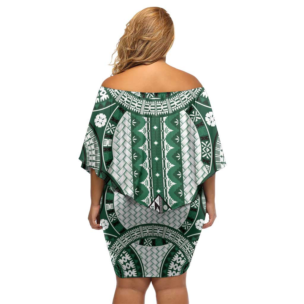 Bula Fiji Vintage Family Matching Off Shoulder Short Dress and Hawaiian Shirt Phthalo Green Masi Motifs LT7 - Polynesian Pride