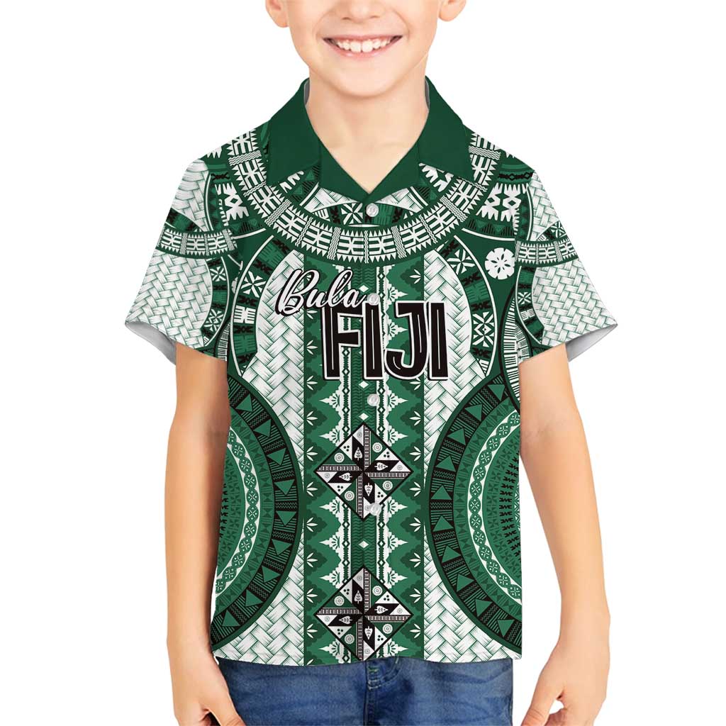 Bula Fiji Vintage Family Matching Off Shoulder Short Dress and Hawaiian Shirt Phthalo Green Masi Motifs LT7 Son's Shirt Phthalo Green - Polynesian Pride
