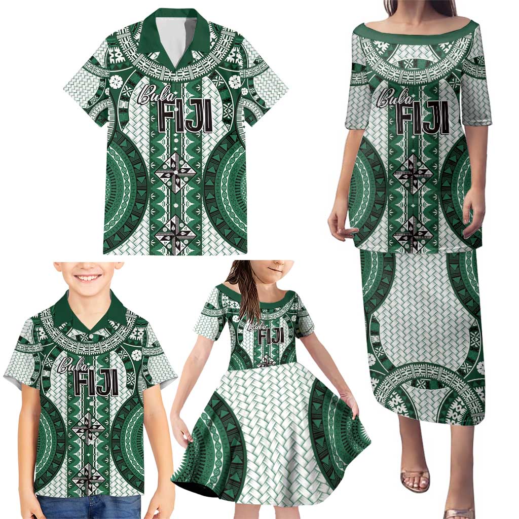 Bula Fiji Vintage Family Matching Puletasi and Hawaiian Shirt Phthalo Green Masi Motifs LT7 - Polynesian Pride