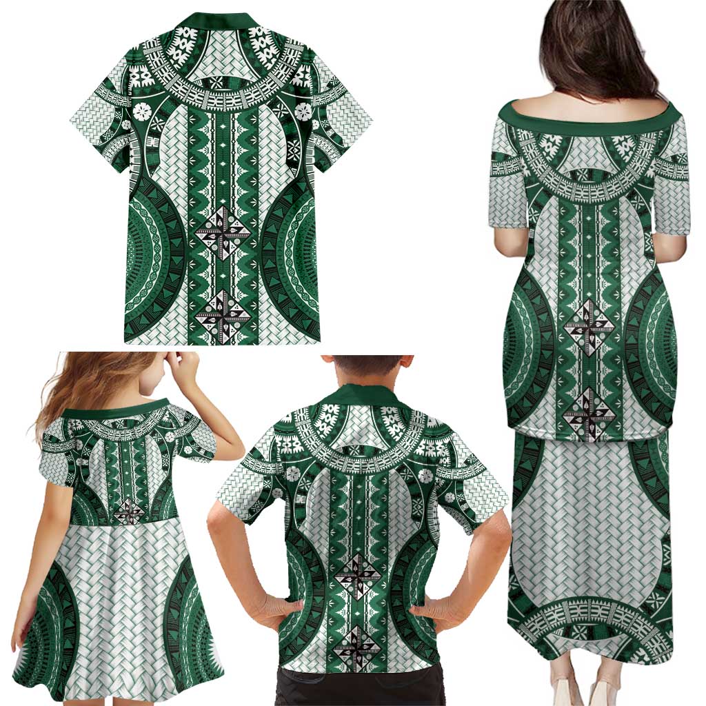 Bula Fiji Vintage Family Matching Puletasi and Hawaiian Shirt Phthalo Green Masi Motifs LT7 - Polynesian Pride