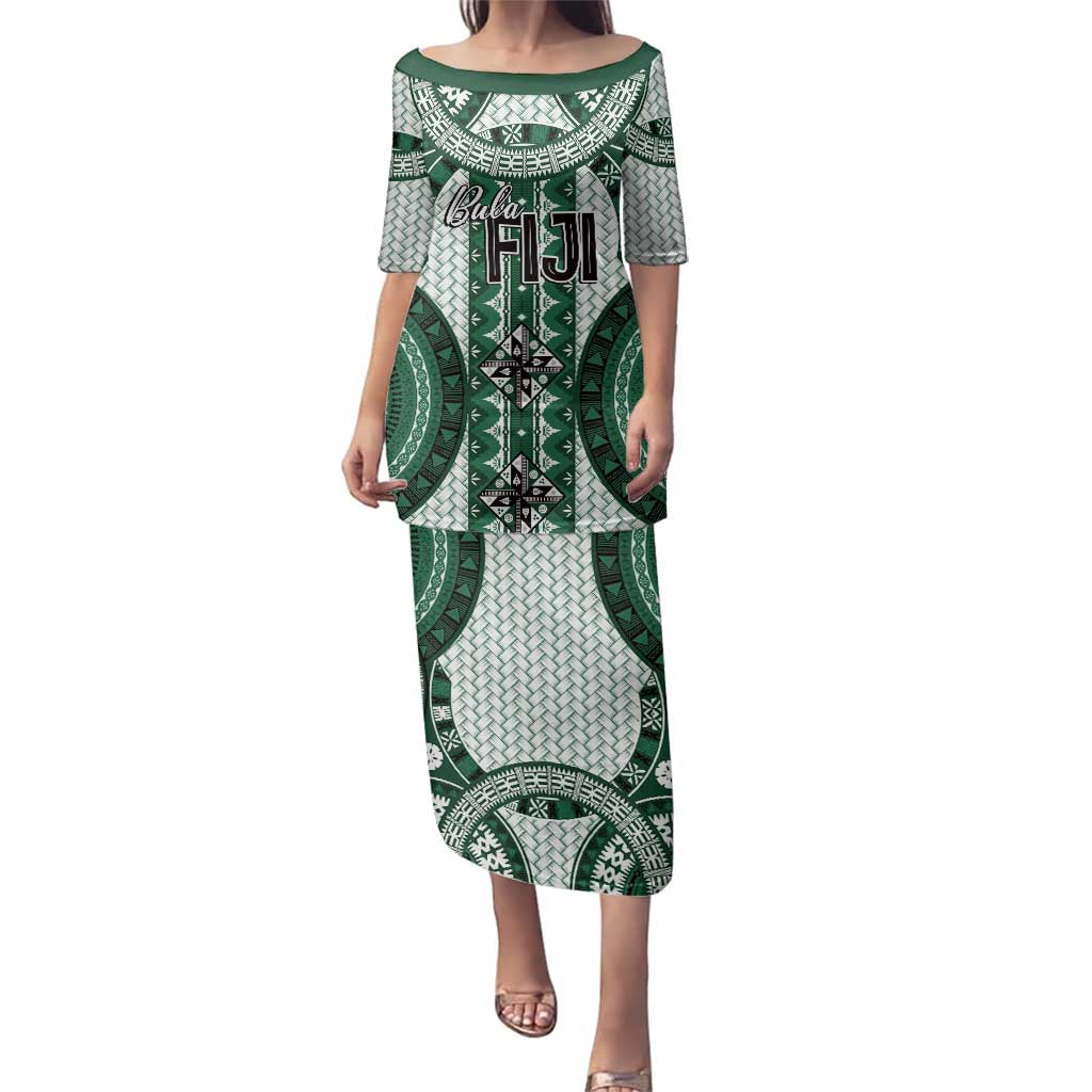 Bula Fiji Vintage Family Matching Puletasi and Hawaiian Shirt Phthalo Green Masi Motifs LT7 Mom's Dress Phthalo Green - Polynesian Pride