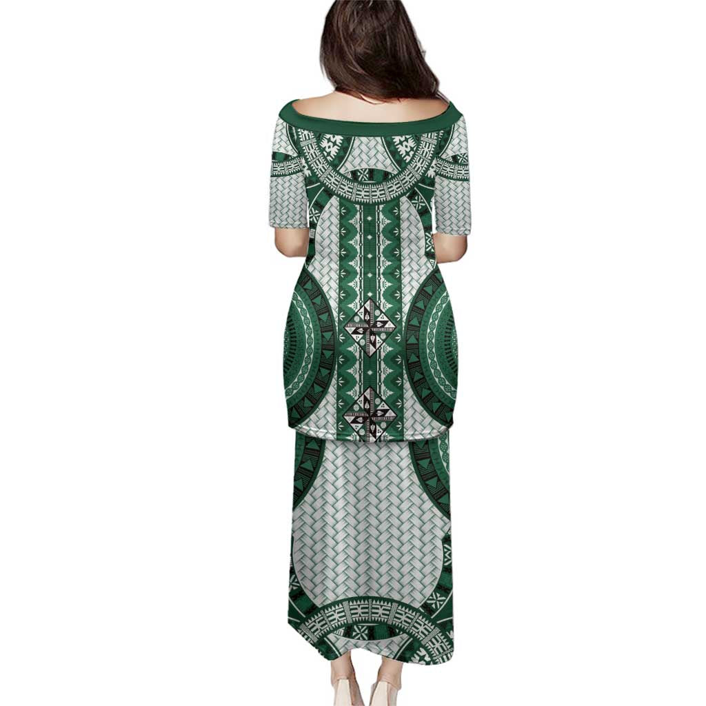 Bula Fiji Vintage Family Matching Puletasi and Hawaiian Shirt Phthalo Green Masi Motifs LT7 - Polynesian Pride