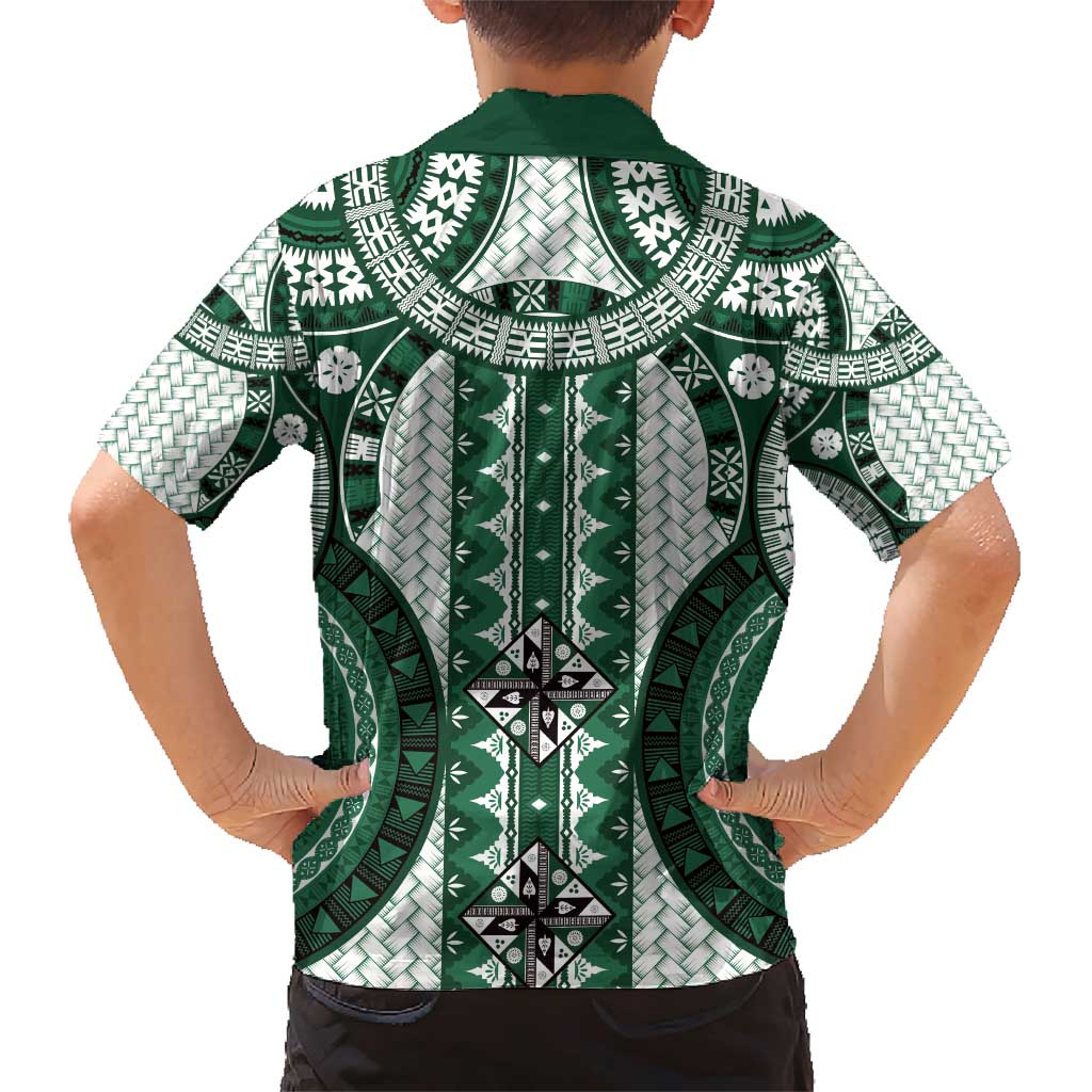 Bula Fiji Vintage Family Matching Short Sleeve Bodycon Dress and Hawaiian Shirt Phthalo Green Masi Motifs LT7 - Polynesian Pride