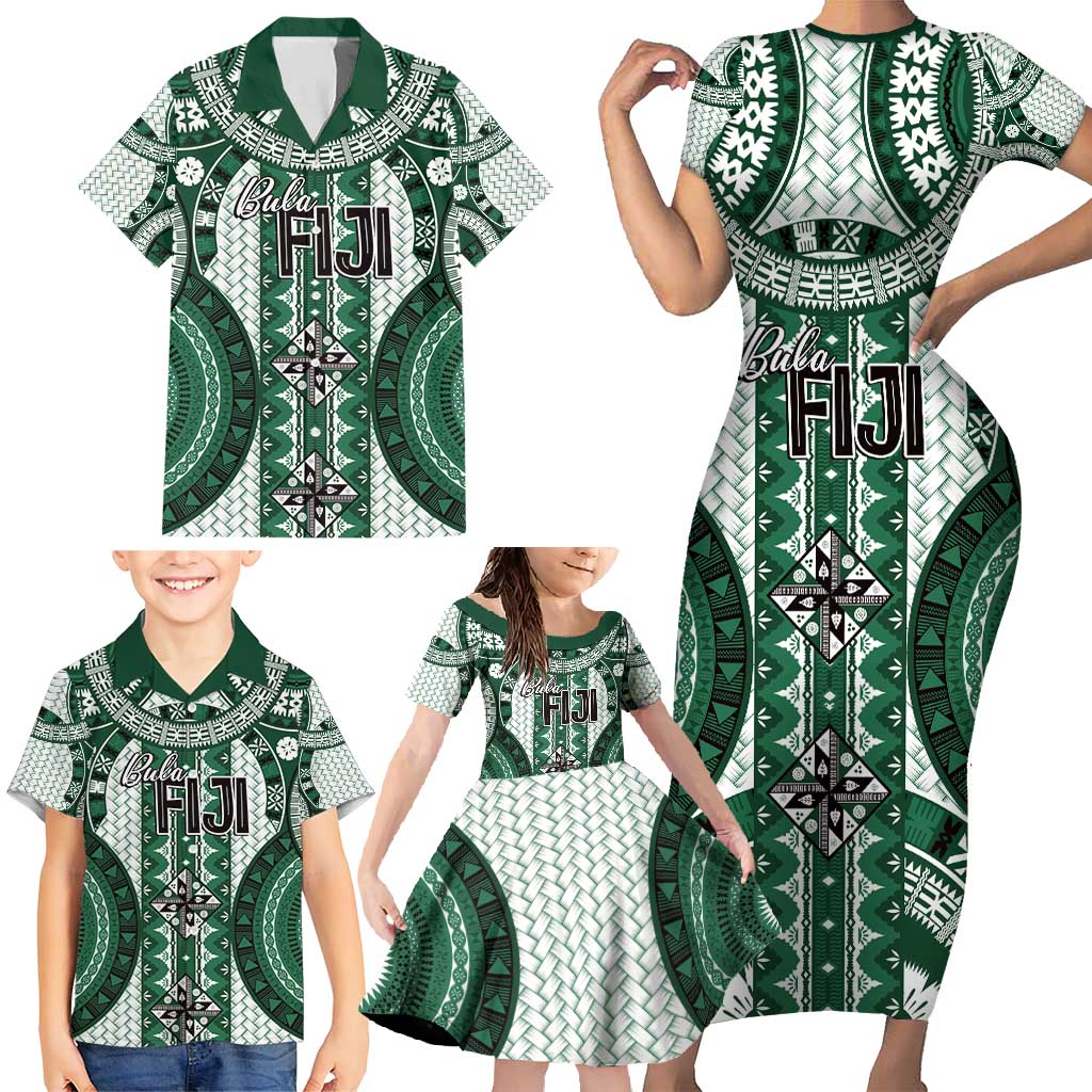 Bula Fiji Vintage Family Matching Short Sleeve Bodycon Dress and Hawaiian Shirt Phthalo Green Masi Motifs LT7 - Polynesian Pride