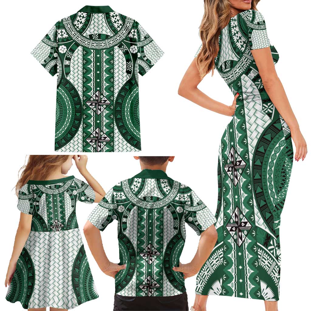 Bula Fiji Vintage Family Matching Short Sleeve Bodycon Dress and Hawaiian Shirt Phthalo Green Masi Motifs LT7 - Polynesian Pride