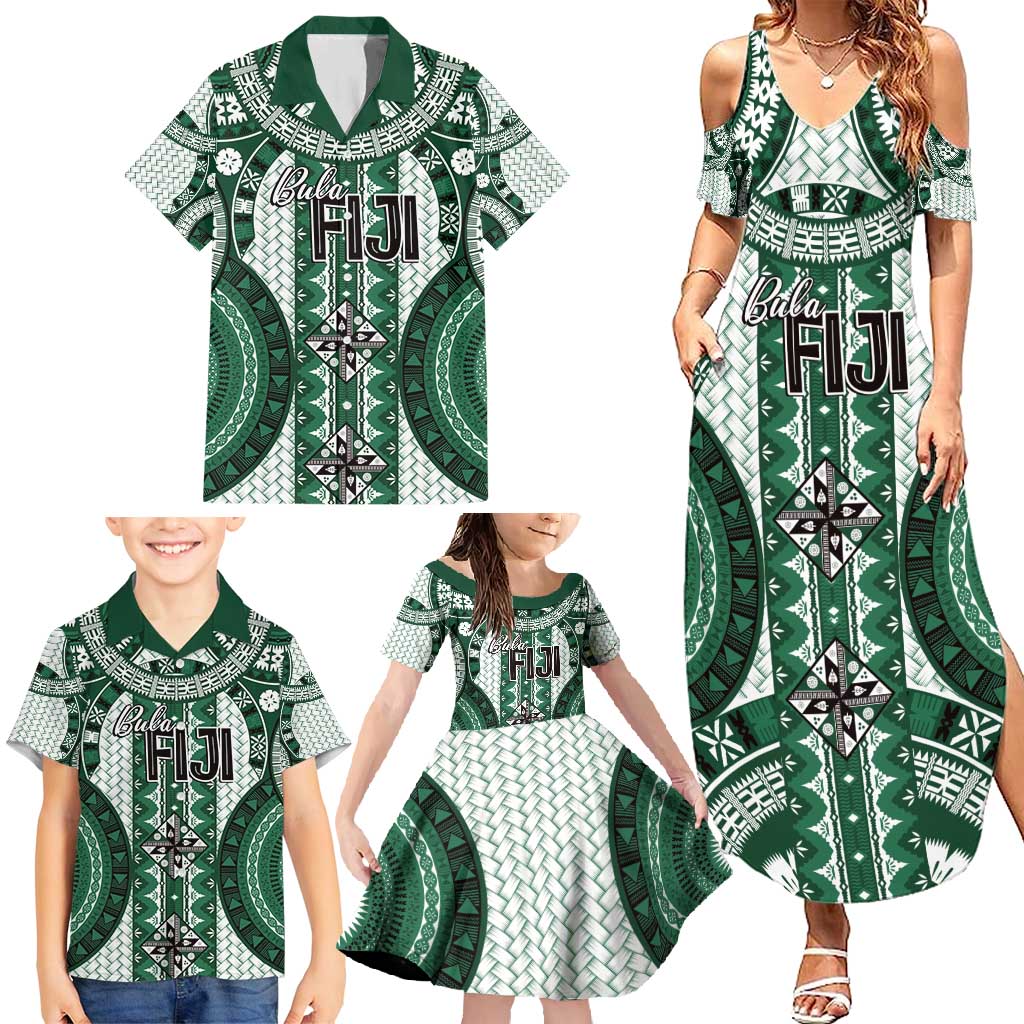 Bula Fiji Vintage Family Matching Summer Maxi Dress and Hawaiian Shirt Phthalo Green Masi Motifs LT7 - Polynesian Pride