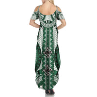 Bula Fiji Vintage Family Matching Summer Maxi Dress and Hawaiian Shirt Phthalo Green Masi Motifs LT7 - Polynesian Pride