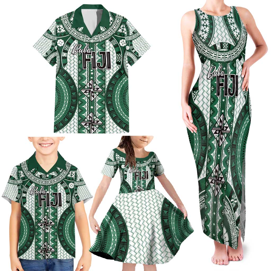 Bula Fiji Vintage Family Matching Tank Maxi Dress and Hawaiian Shirt Phthalo Green Masi Motifs LT7 - Polynesian Pride