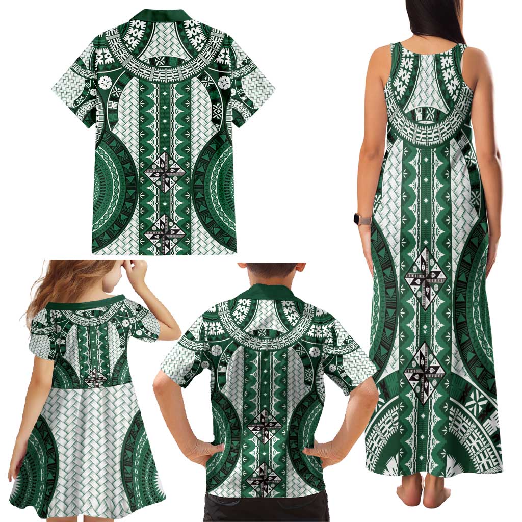 Bula Fiji Vintage Family Matching Tank Maxi Dress and Hawaiian Shirt Phthalo Green Masi Motifs LT7 - Polynesian Pride