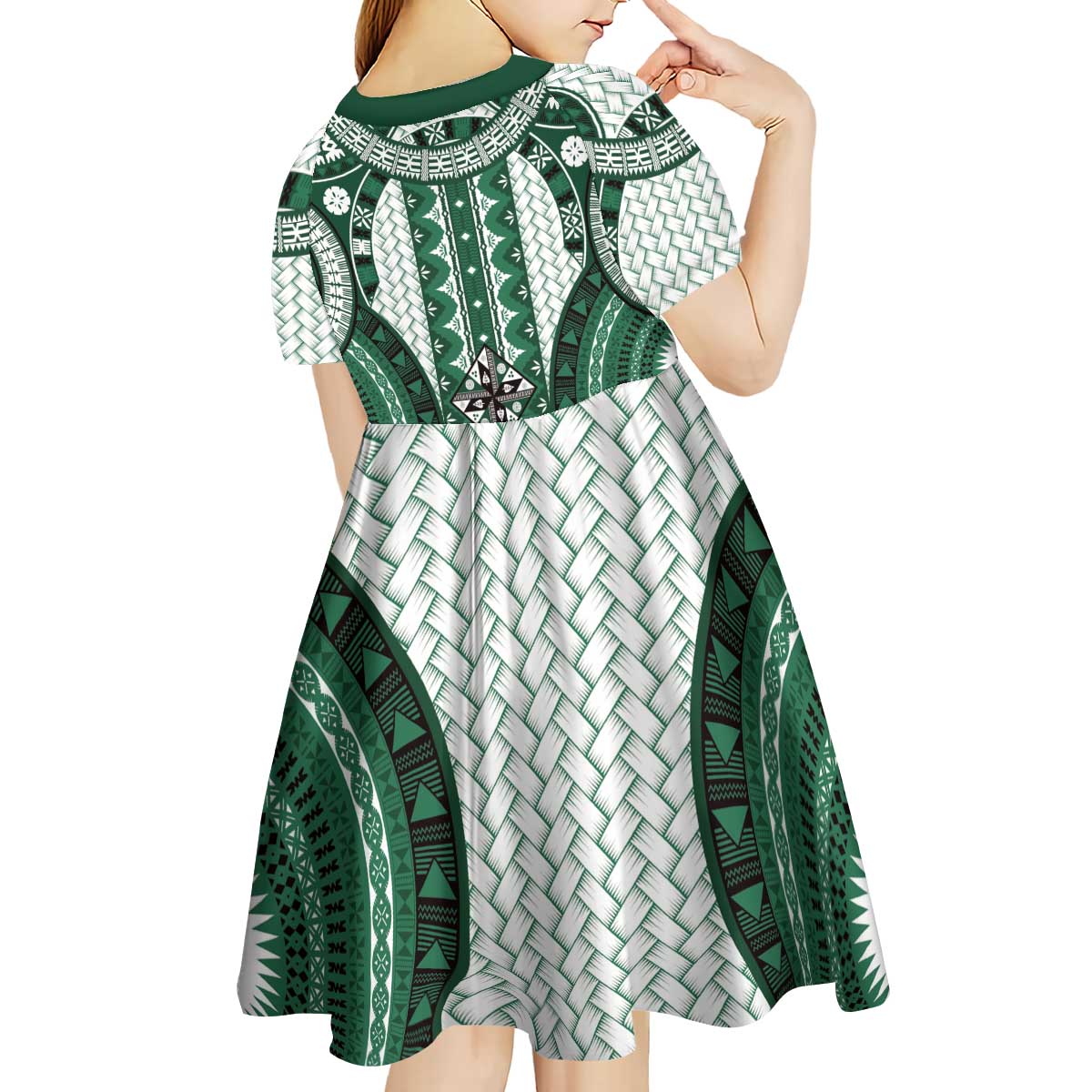 Bula Fiji Vintage Kid Short Sleeve Dress Phthalo Green Masi Motifs LT7 - Polynesian Pride