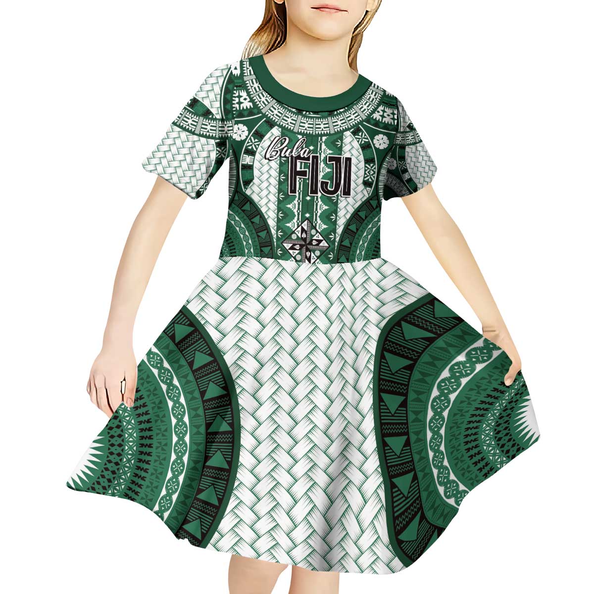 Bula Fiji Vintage Kid Short Sleeve Dress Phthalo Green Masi Motifs LT7 - Polynesian Pride