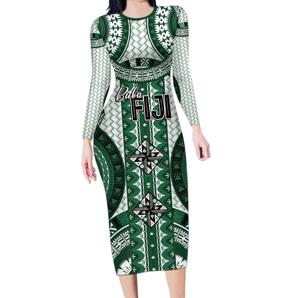 Bula Fiji Vintage Long Sleeve Bodycon Dress Phthalo Green Masi Motifs LT7 Long Dress Phthalo Green - Polynesian Pride