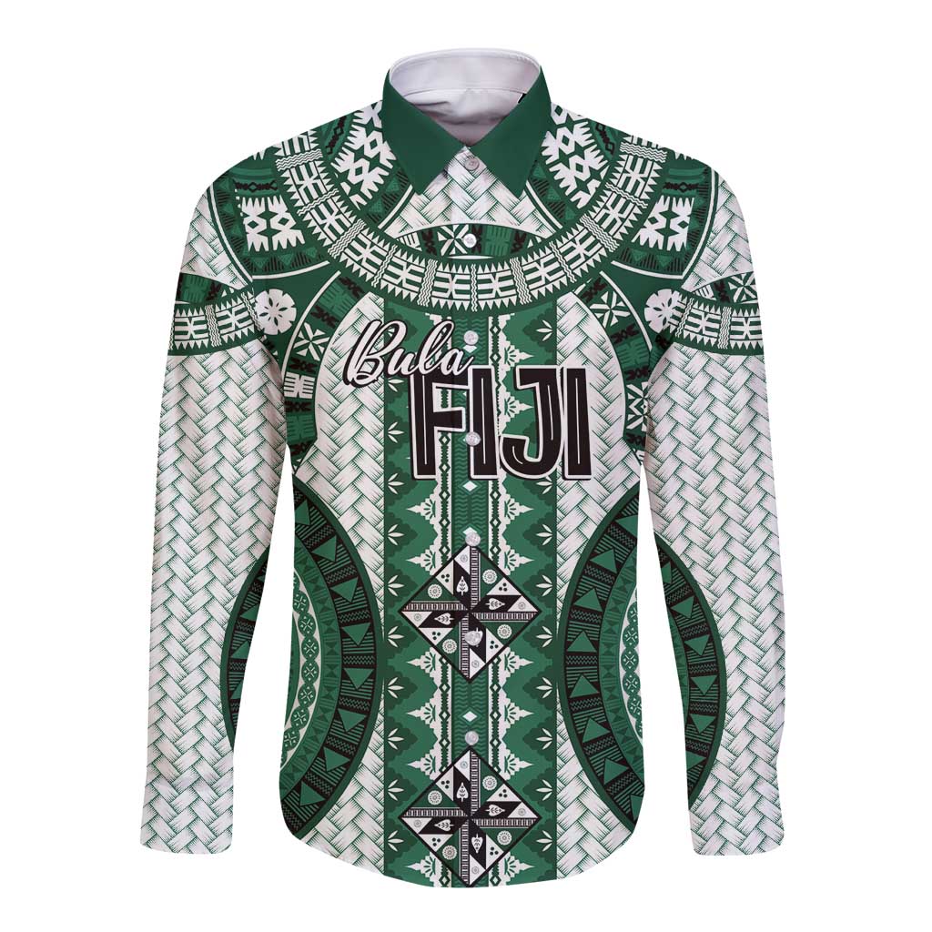 Bula Fiji Vintage Long Sleeve Button Shirt Phthalo Green Masi Motifs LT7 Unisex Phthalo Green - Polynesian Pride