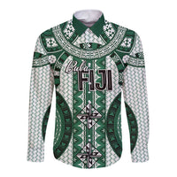 Bula Fiji Vintage Long Sleeve Button Shirt Phthalo Green Masi Motifs LT7 Unisex Phthalo Green - Polynesian Pride