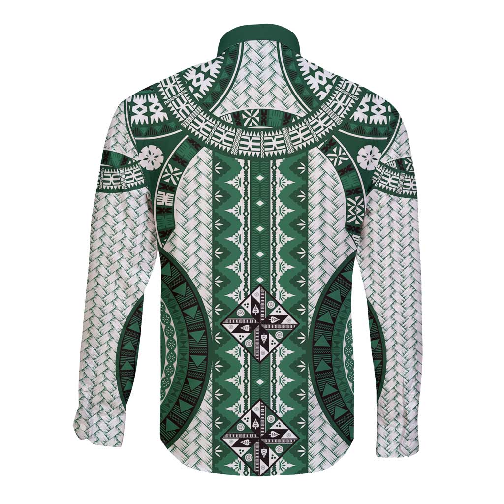 Bula Fiji Vintage Long Sleeve Button Shirt Phthalo Green Masi Motifs LT7 - Polynesian Pride