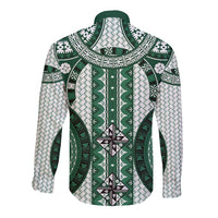 Bula Fiji Vintage Long Sleeve Button Shirt Phthalo Green Masi Motifs LT7 - Polynesian Pride