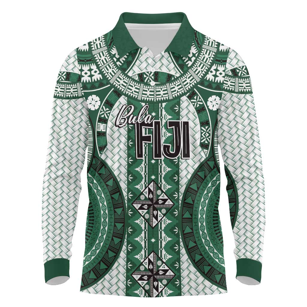 Bula Fiji Vintage Long Sleeve Polo Shirt Phthalo Green Masi Motifs LT7 Phthalo Green - Polynesian Pride