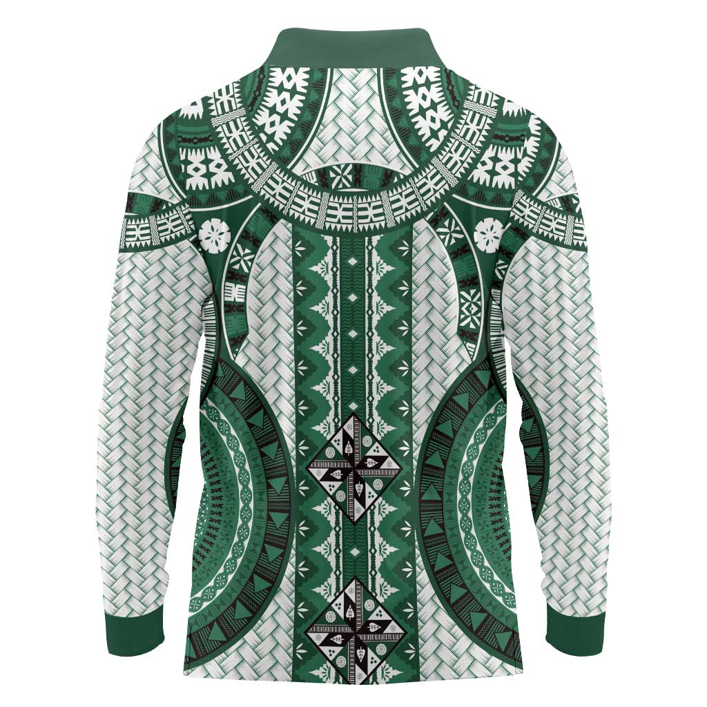 Bula Fiji Vintage Long Sleeve Polo Shirt Phthalo Green Masi Motifs LT7 - Polynesian Pride