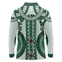 Bula Fiji Vintage Long Sleeve Polo Shirt Phthalo Green Masi Motifs LT7 - Polynesian Pride