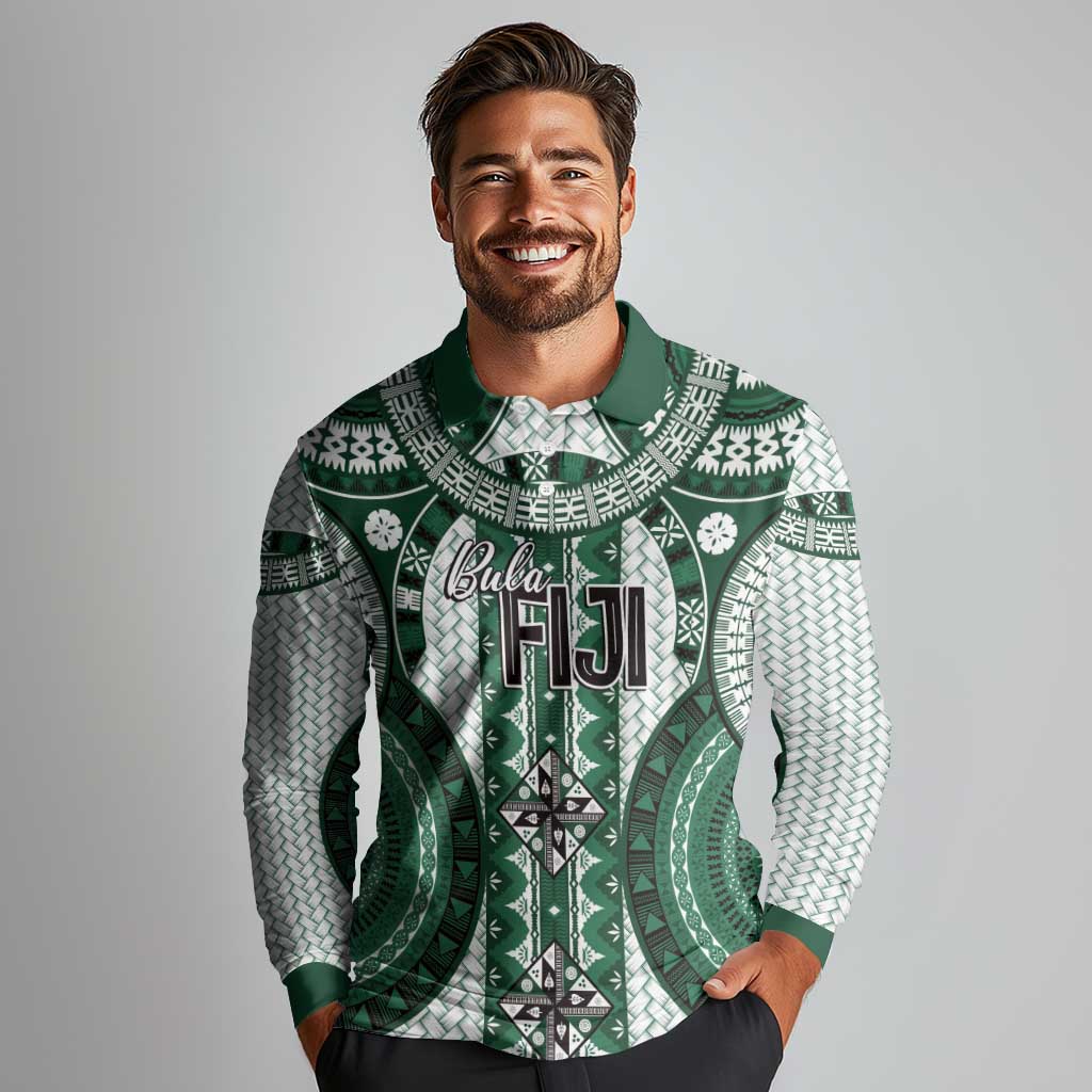 Bula Fiji Vintage Long Sleeve Polo Shirt Phthalo Green Masi Motifs LT7 - Polynesian Pride