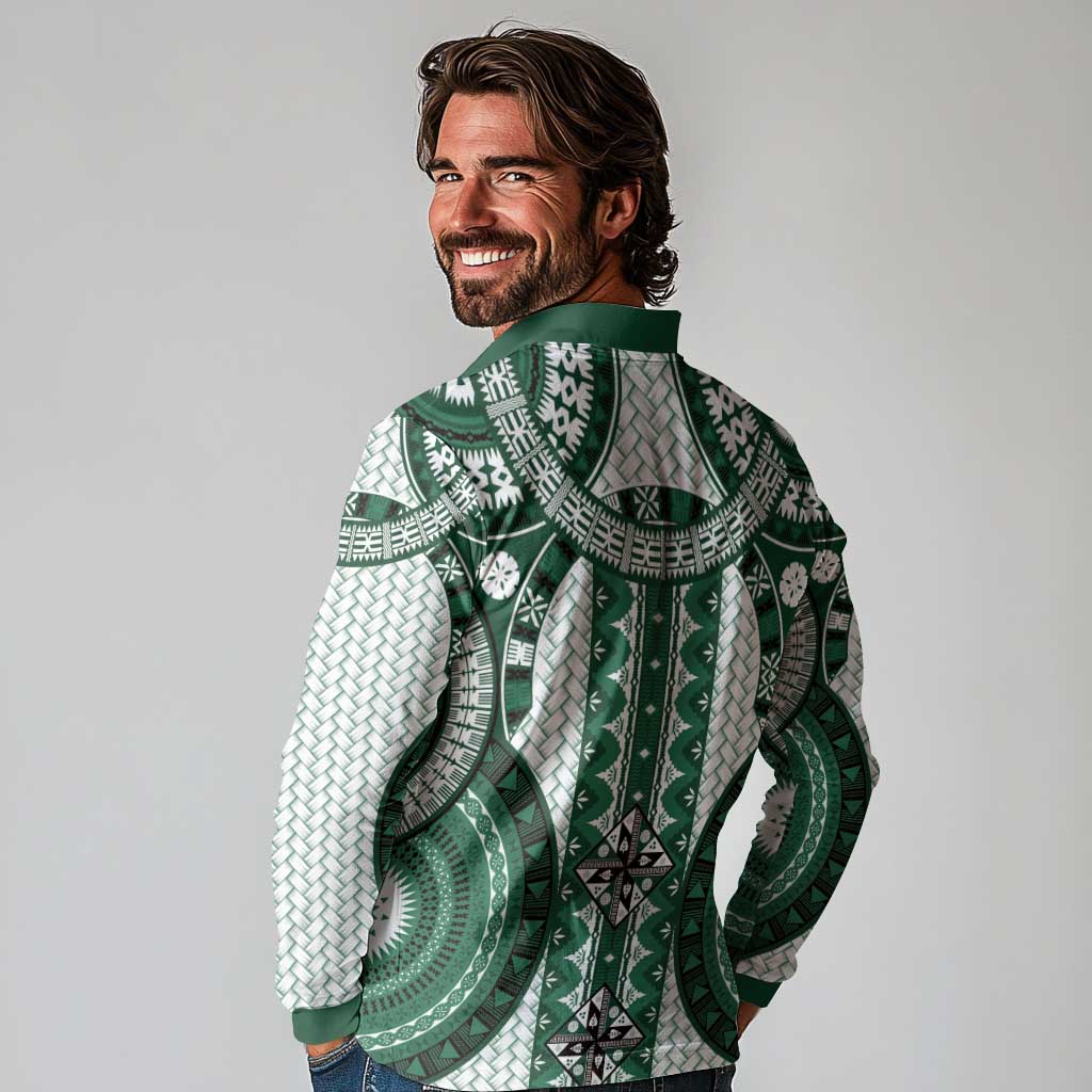 Bula Fiji Vintage Long Sleeve Polo Shirt Phthalo Green Masi Motifs LT7 - Polynesian Pride