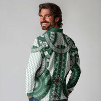 Bula Fiji Vintage Long Sleeve Polo Shirt Phthalo Green Masi Motifs LT7 - Polynesian Pride