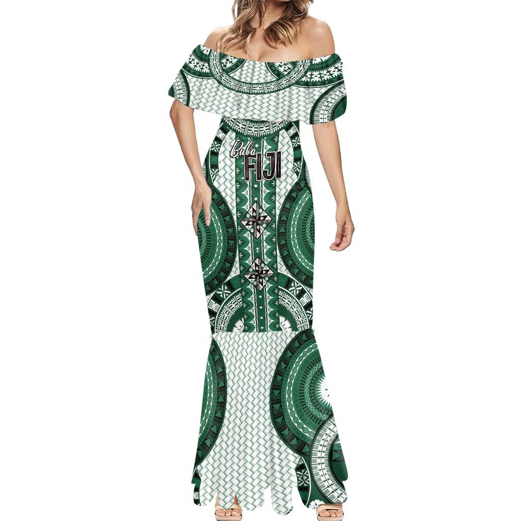 Bula Fiji Vintage Mermaid Dress Phthalo Green Masi Motifs LT7 - Polynesian Pride