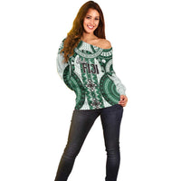 Bula Fiji Vintage Off Shoulder Sweater Phthalo Green Masi Motifs