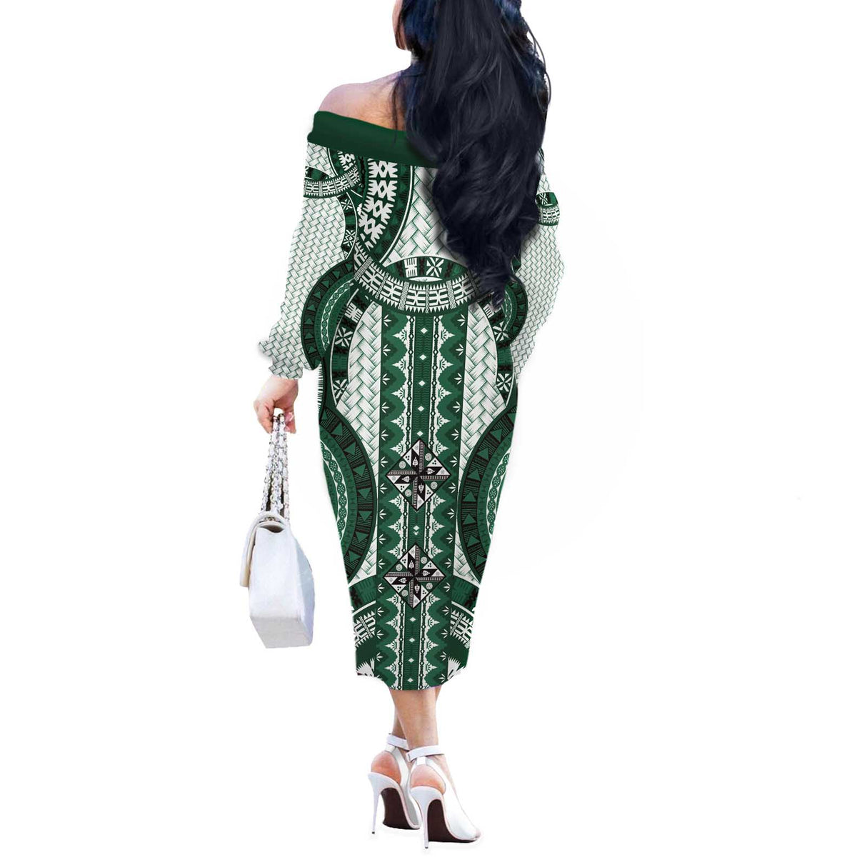 Bula Fiji Vintage Off The Shoulder Long Sleeve Dress Phthalo Green Masi Motifs LT7 - Polynesian Pride