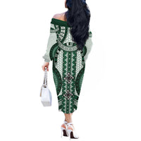 Bula Fiji Vintage Off The Shoulder Long Sleeve Dress Phthalo Green Masi Motifs LT7 - Polynesian Pride