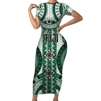 Bula Fiji Vintage Short Sleeve Bodycon Dress Phthalo Green Masi Motifs LT7 Long Dress Phthalo Green - Polynesian Pride