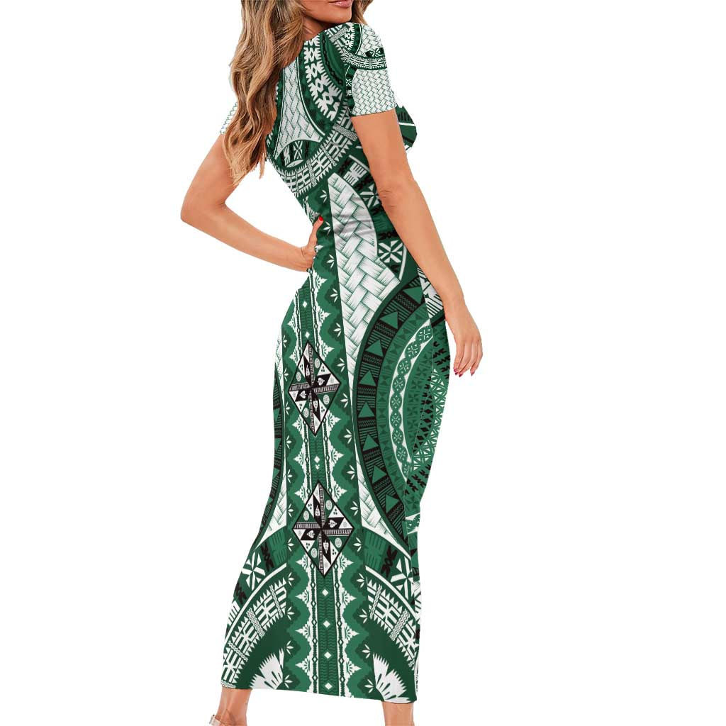 Bula Fiji Vintage Short Sleeve Bodycon Dress Phthalo Green Masi Motifs LT7 - Polynesian Pride