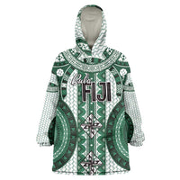 Bula Fiji Vintage Wearable Blanket Hoodie Phthalo Green Masi Motifs LT7 One Size Phthalo Green - Polynesian Pride
