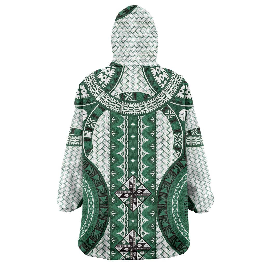 Bula Fiji Vintage Wearable Blanket Hoodie Phthalo Green Masi Motifs LT7 - Polynesian Pride