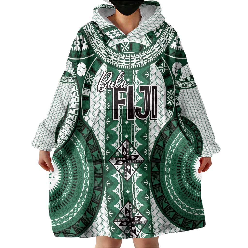 Bula Fiji Vintage Wearable Blanket Hoodie Phthalo Green Masi Motifs LT7 - Polynesian Pride